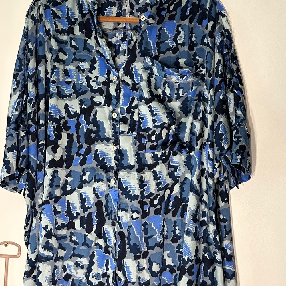 Free People Blue Patterned Wide Leg Jumpsuit